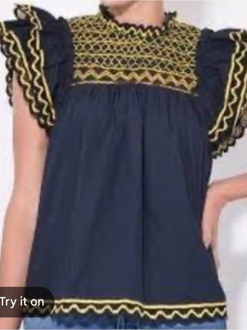 Ulla Johnson Navy and Yellow Smocked Flutter Sleeve Top